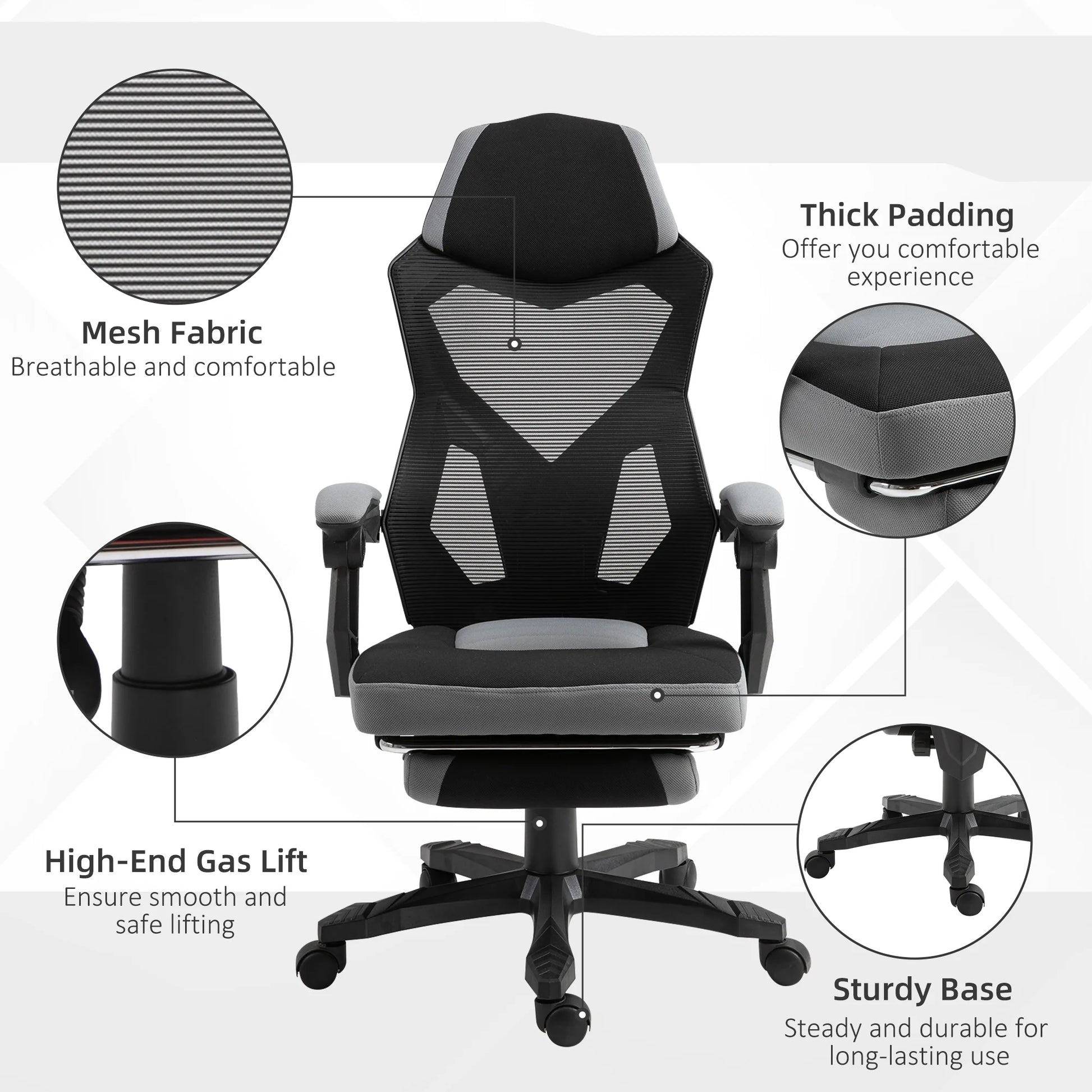 Vinsetto Ergonomic Home Office Chair High Back Armchair Computer Desk Recliner with Footrest, Mesh Back, Lumbar Support and Wheels, Gray