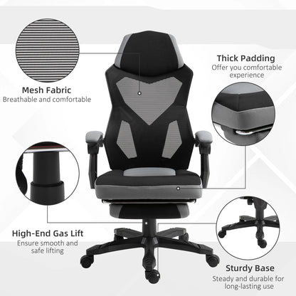 Vinsetto Ergonomic Home Office Chair High Back Armchair Computer Desk Recliner with Footrest, Mesh Back, Lumbar Support and Wheels, Gray
