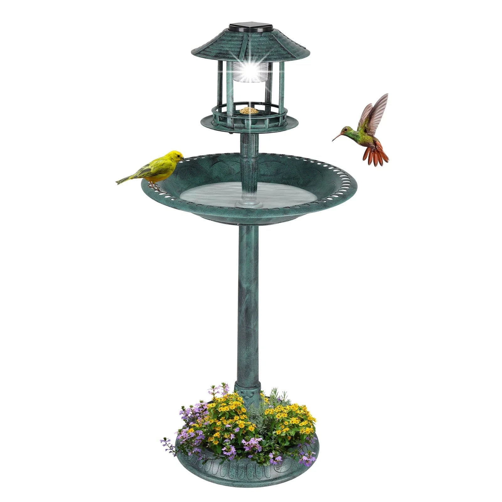 Ktaxon Wild Bird Bath Resin Pedestal Birdbaths with Solar Light Antique Sculpture Finish Garden Decor Dark Green
