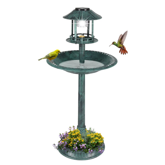 Ktaxon Wild Bird Bath Resin Pedestal Birdbaths with Solar Light Antique Sculpture Finish Garden Decor Dark Green