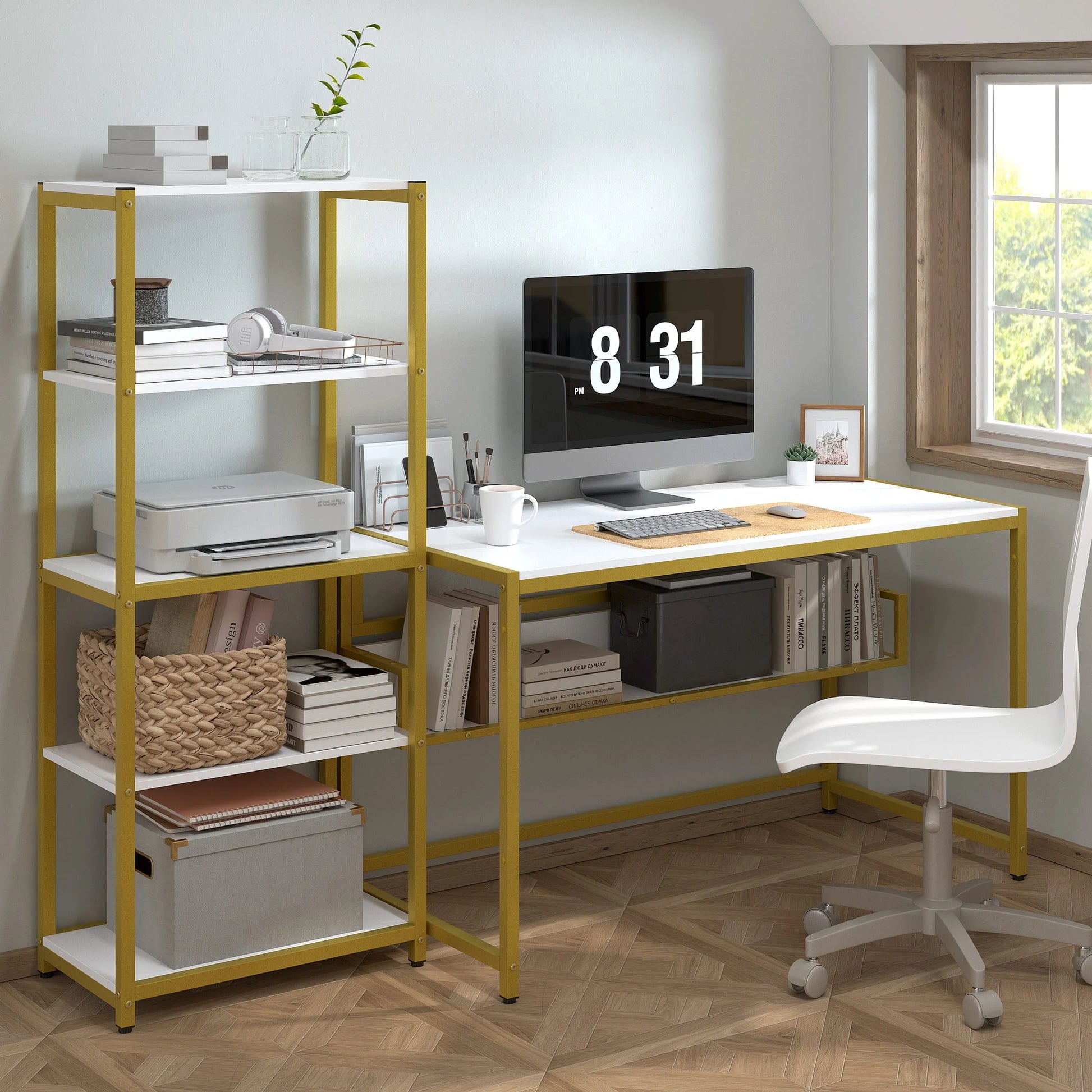 Yoneston 47" Office Computer Desk with 5 Tier Storage Shelves, Reversible Writing Desk Workstation with DIY Bookshelf and Tower Shelf for Home Office Corner Desk, White