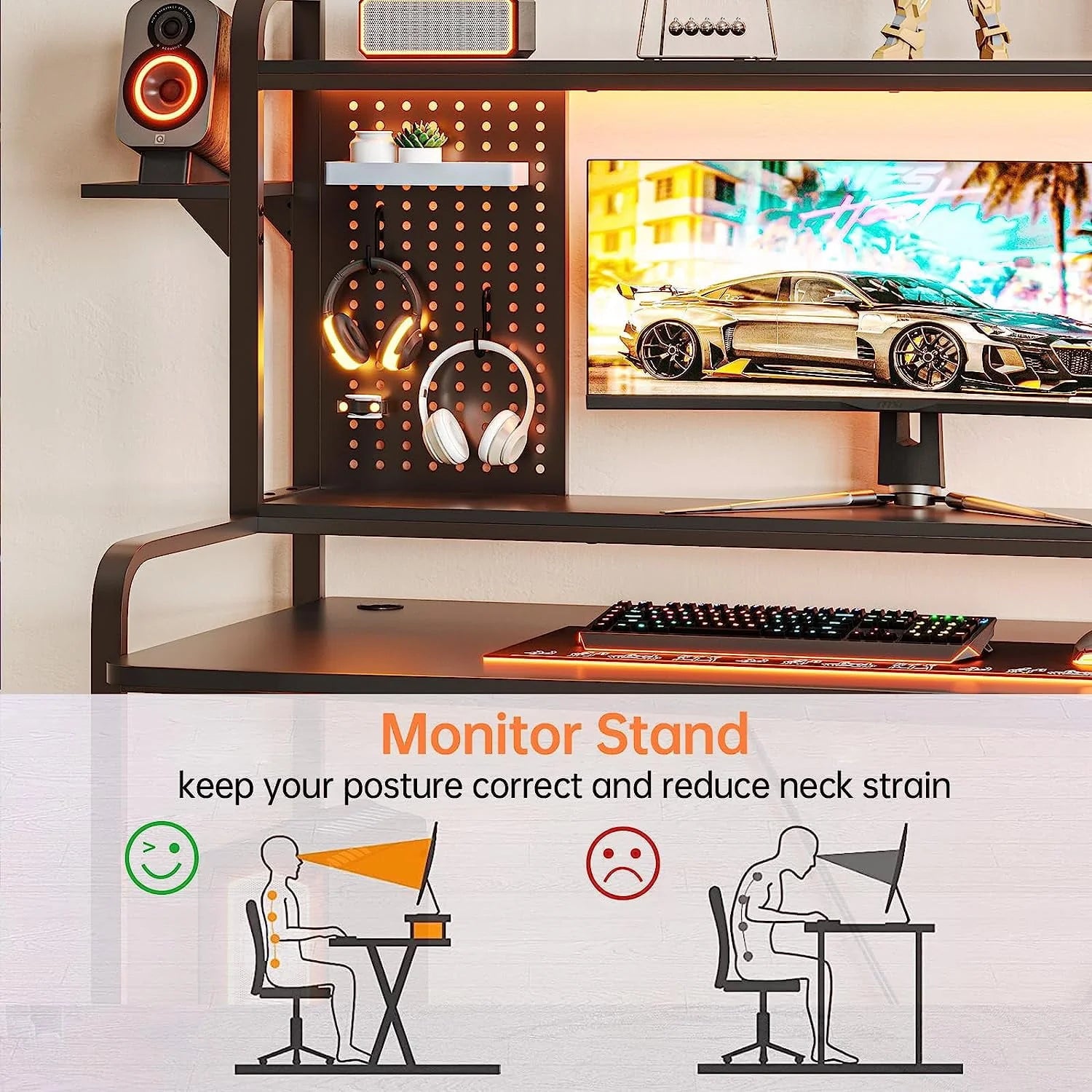 SEDETA Gaming Desk, 55" Computer Desk with Hutch and Shelves, LED Lights, Pegboard and Monitor Shelf, Large PC Gamer Desk Workstation for Home Office, Gaming Table for Bedroom, Black