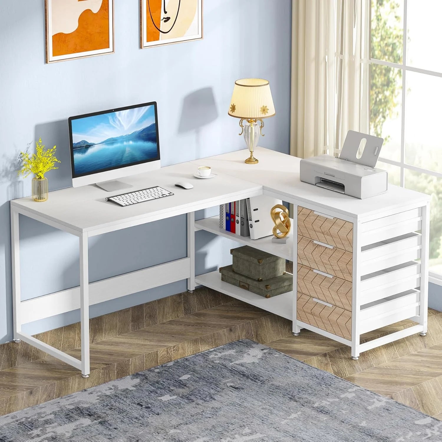 Tribesigns 59" L-Shaped Office Desk, Modern Reversible Computer Study Desk for Home Office, White