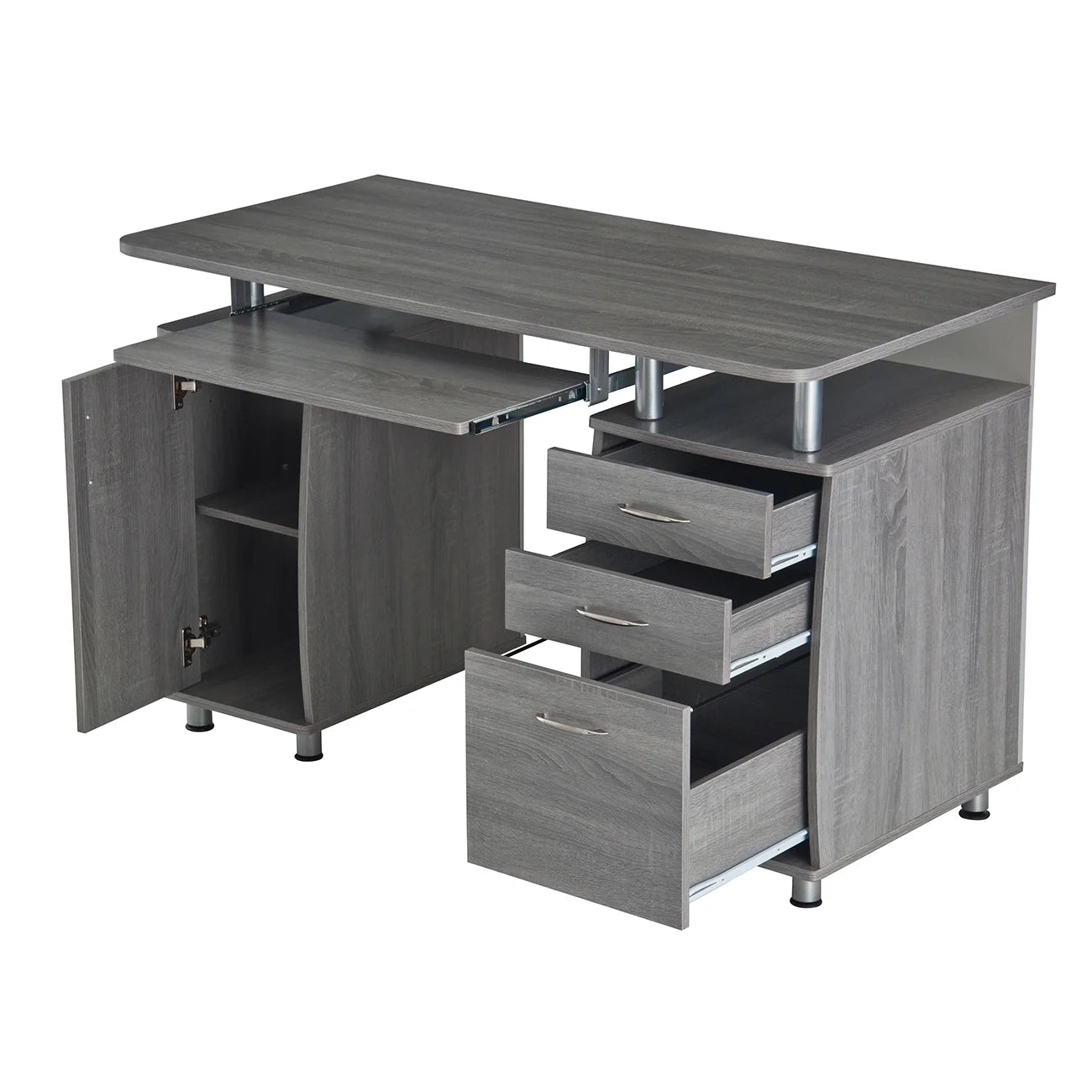 Workstation Computer Desk with Storage in Grey, L-Shaped Office Desk with Bookshelf, CPU Stand, Keyboard Tray for Home Office and Study