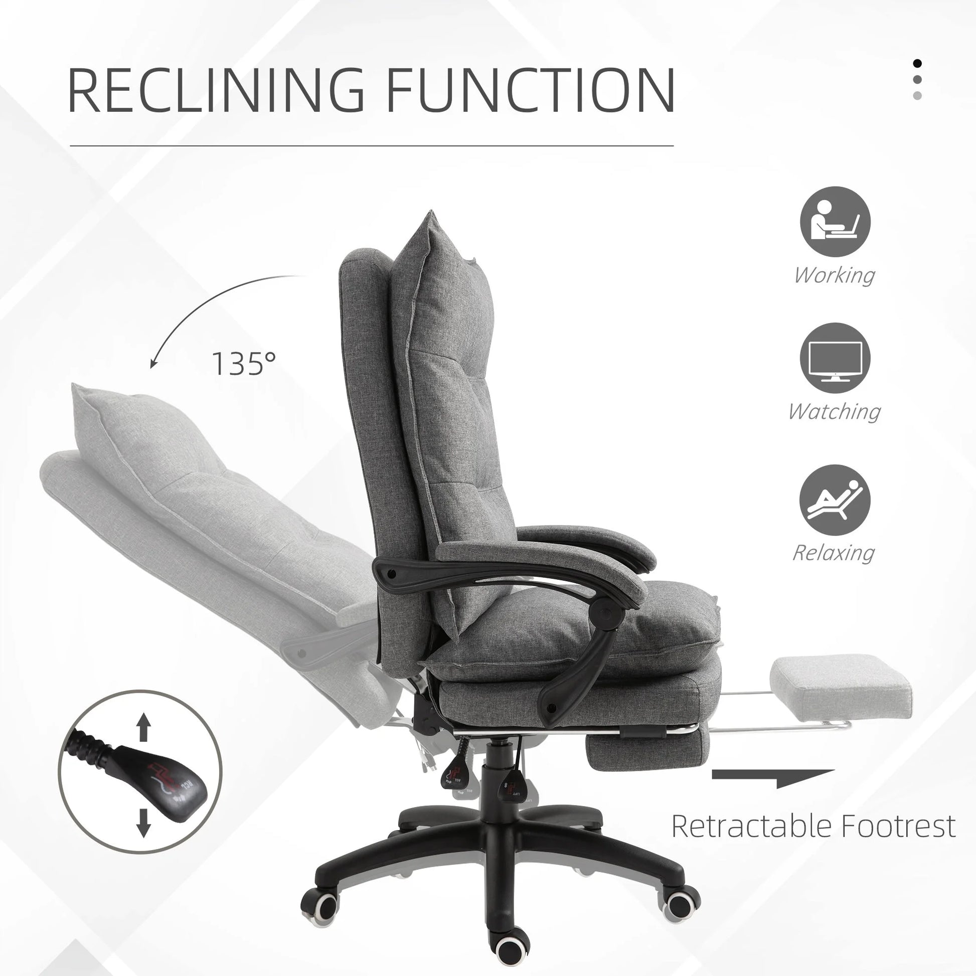 Office Chair Vinsetto 360° Swivel Executive Home Office Chair Adjustable Height Linen Style Fabric Recliner with Retractable Footrest and Double Padding, Grey,Ergonomic Office Chair