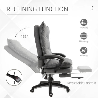 Office Chair Vinsetto 360° Swivel Executive Home Office Chair Adjustable Height Linen Style Fabric Recliner with Retractable Footrest and Double Padding, Grey,Ergonomic Office Chair