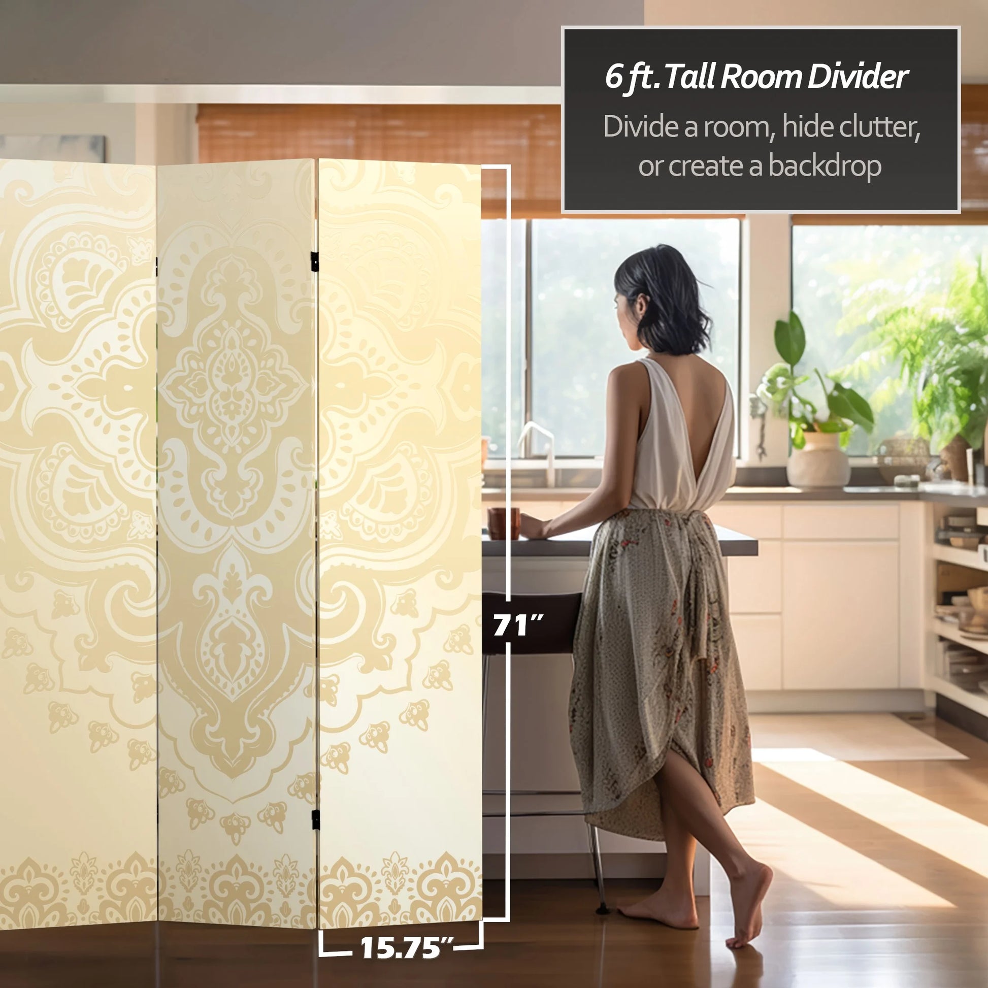 Oriental Furniture 6 ft. Tall Ivory Pattern Canvas Room Divider - 3 Panel