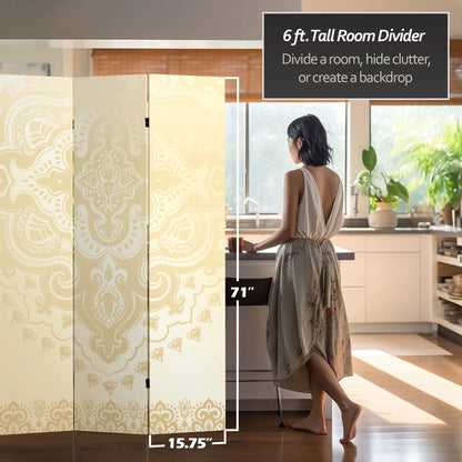 Oriental Furniture 6 ft. Tall Ivory Pattern Canvas Room Divider - 3 Panel