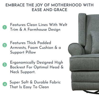 Evolur Melbourne Wing Back Swivel Glider I Nursery Glider I Durable Soft Fabric I Bonus Pillow In Iron