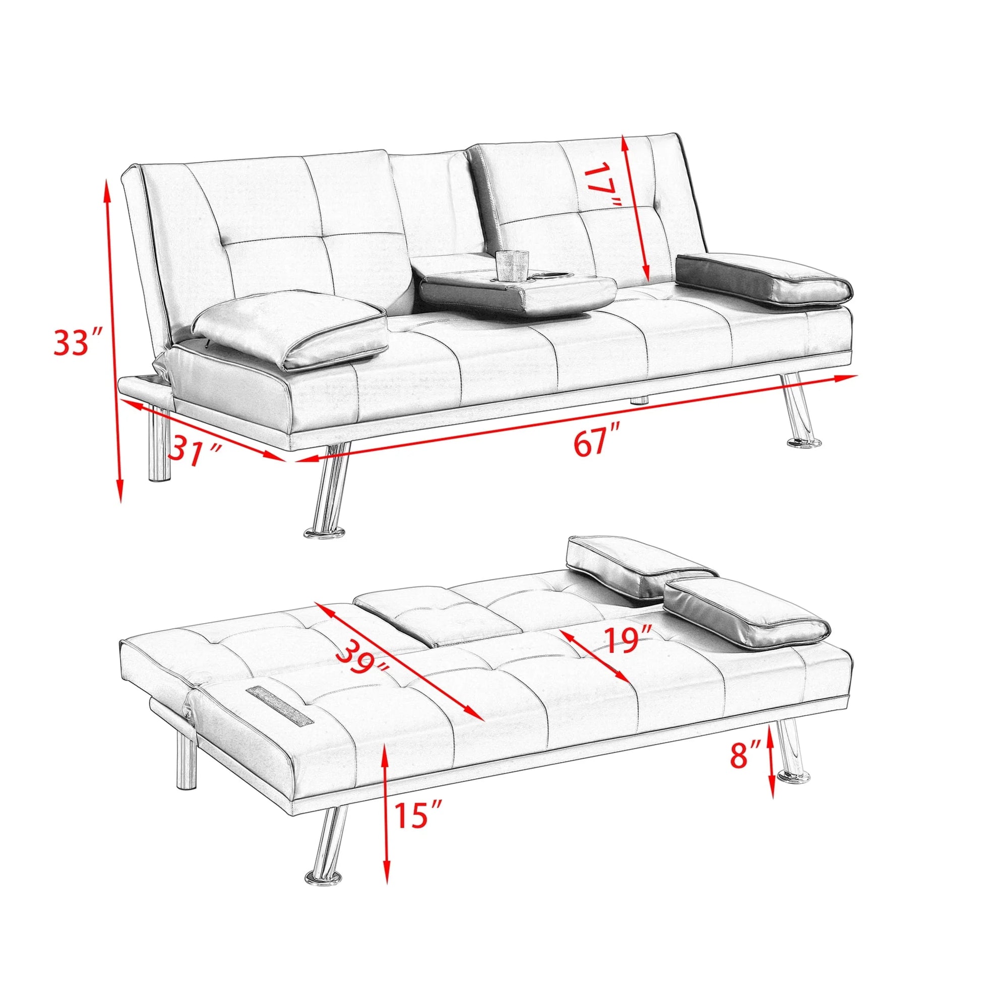 Aukfa Leather Futon Convertible Sofa Bed for Home Office, 2 Cup Holders Twin Size, Beige