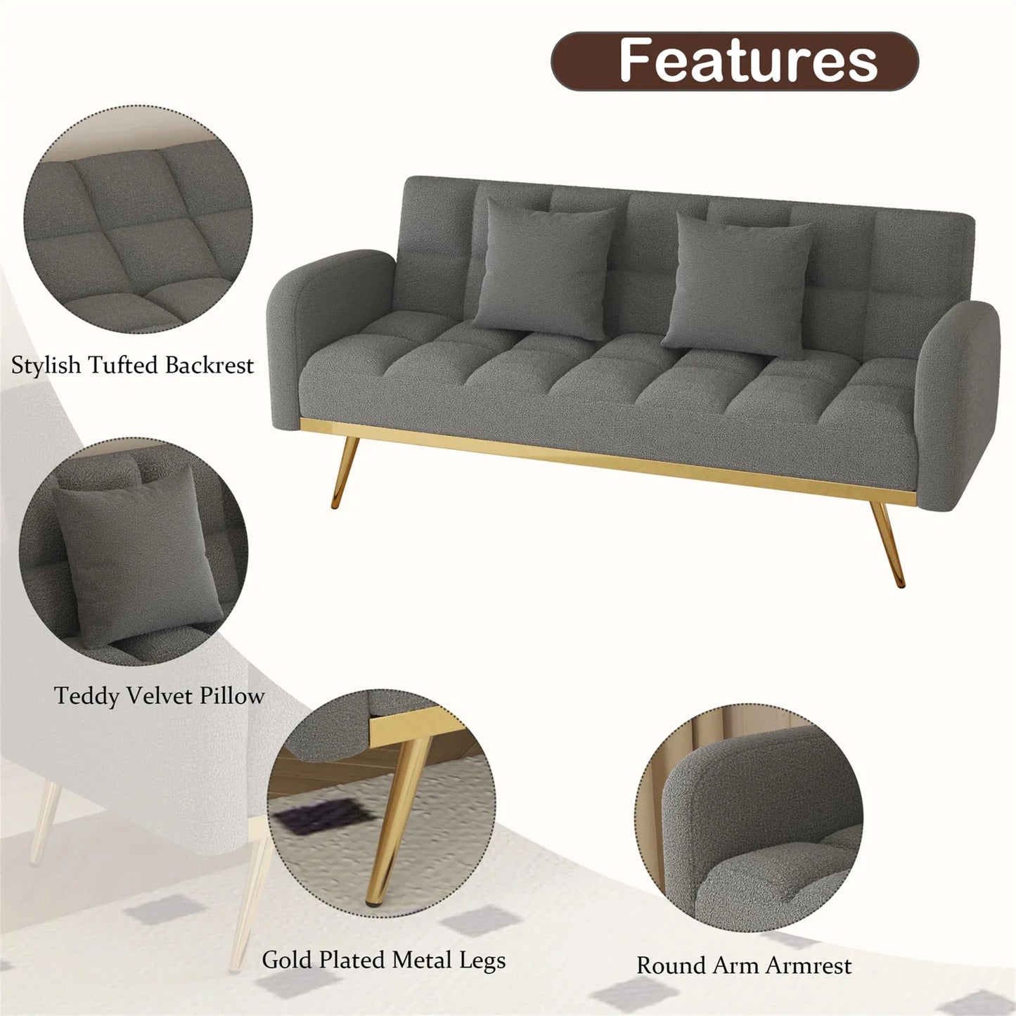 Aukfa Square Tufted Futon Convertible Sofa Bed for Home Office, 2 Pillows, Teddy Fleece, Gray