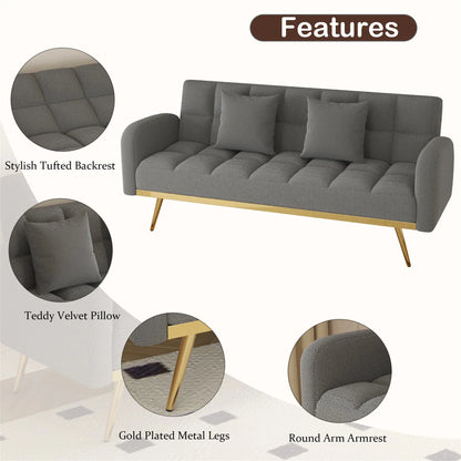 Aukfa Square Tufted Futon Convertible Sofa Bed for Home Office, 2 Pillows, Teddy Fleece, Gray
