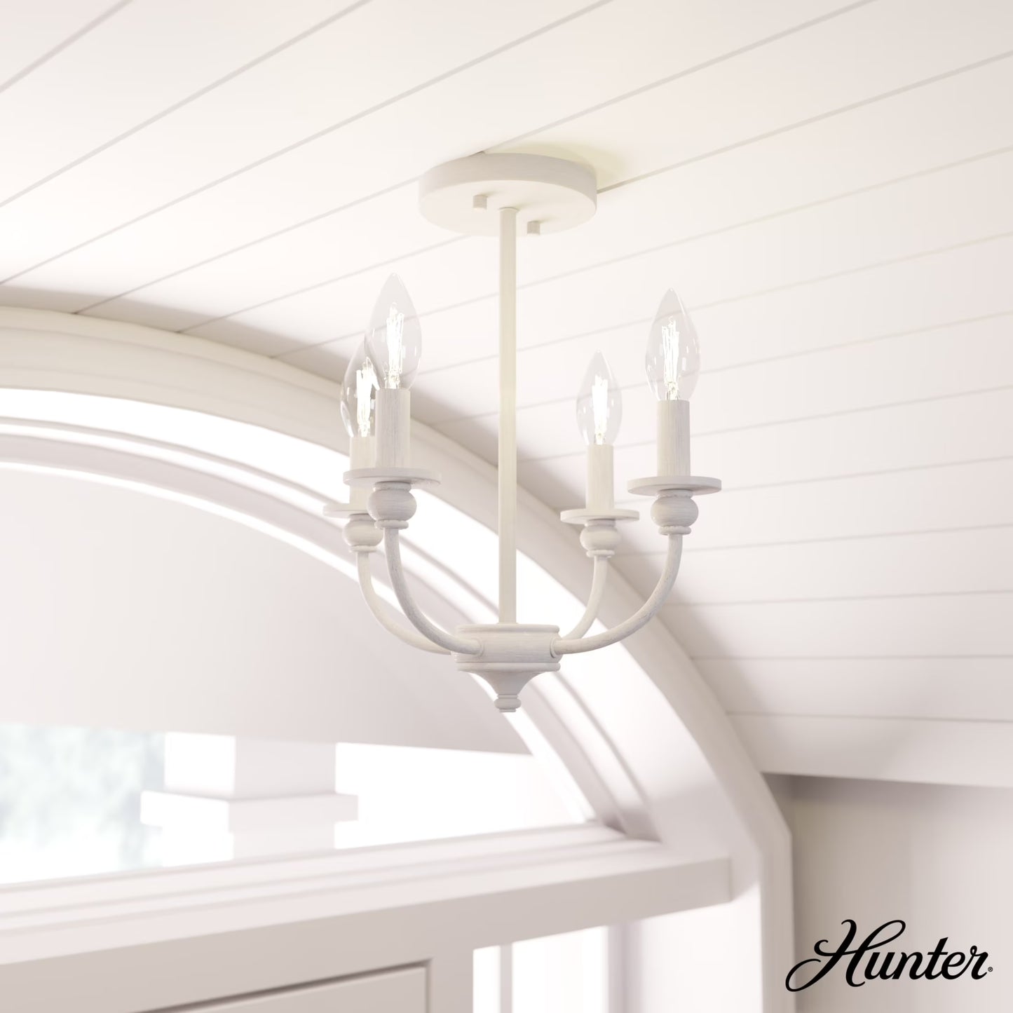 Hunter - Southcrest 4-light Matte Black, Medium Size Flush Mount Light, Dimmable, Traditional Style, Candle Shaped, for Bedrooms, Dining, Living Rooms - 19642