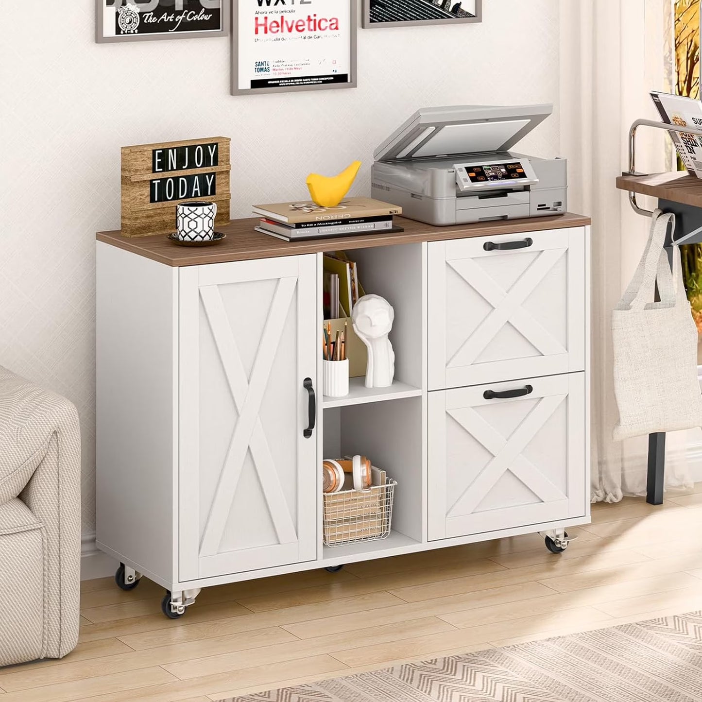 Vabches 2 Drawer Lateral File Cabinet,Mobile Wood office Cabinet for Home Office,Printer Stand with Open Storage Shelves.