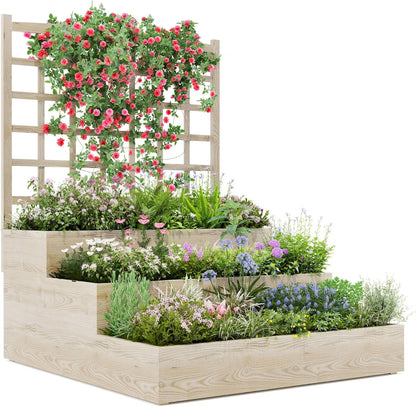 Large Raised Garden Bed with Trellis,3 Tier Standing Planter Box with Open-Base,Outdoor Elevated Garden Trellis for Vine Climbing, Flower Vegetable Fruit Herb Growing