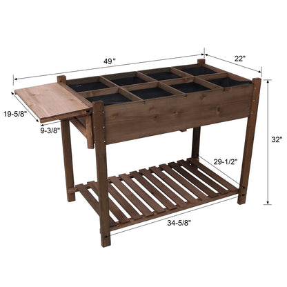 IVV Elevated Wooden Raised Garden Bed - 8 Grid Planter Box with Folding Side Table and Storage Shelf, Fabric Liner & Drainage Holes for Vegetables, Herbs, and Flowers - Dark Brown