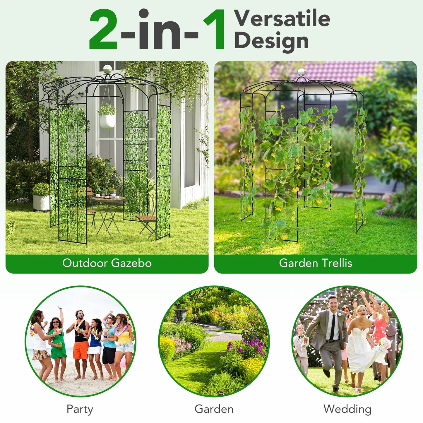 Topbuy Birdcage Shape Garden Arch 9.4 x 6.8FT Heavy Duty Arch Trellis with Hanging Hook for Climbing Plants