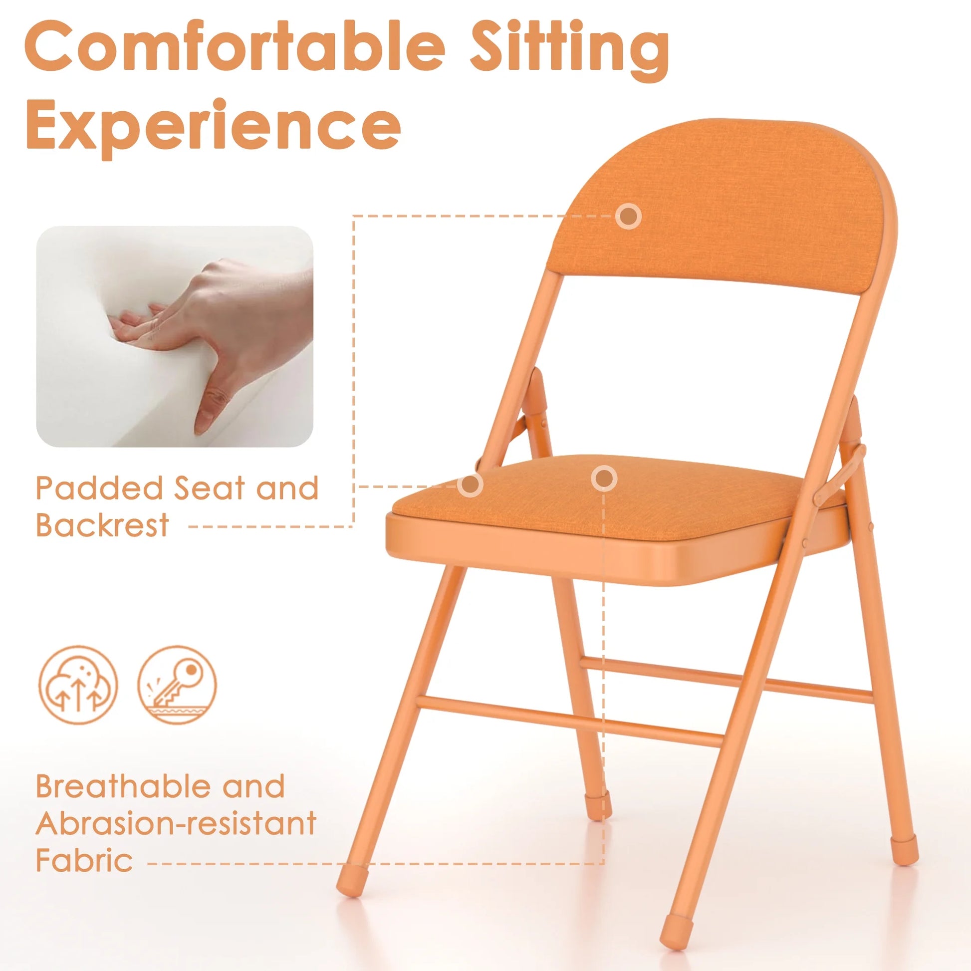 VECELO Set of 4 Folding Chairs, Fabric Dining Chair Set with Padded Cushion and Back, Indoor Outdoor Upholstered Seat with Metal Frame for Home Office Events Wedding Party, Orange
