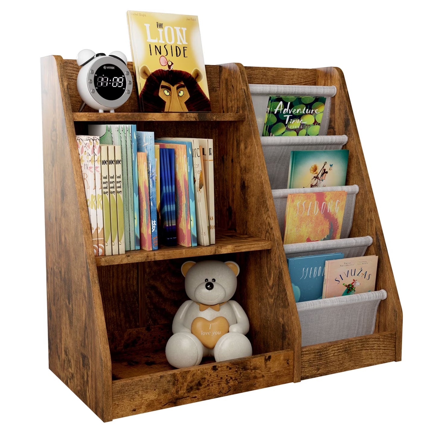 Hironpal Small 3 Tier Kids Bookshelf with 4 Layer Sling Adjustable Book Display Shelf for Nursery Playroom Kids Baby Bedroom