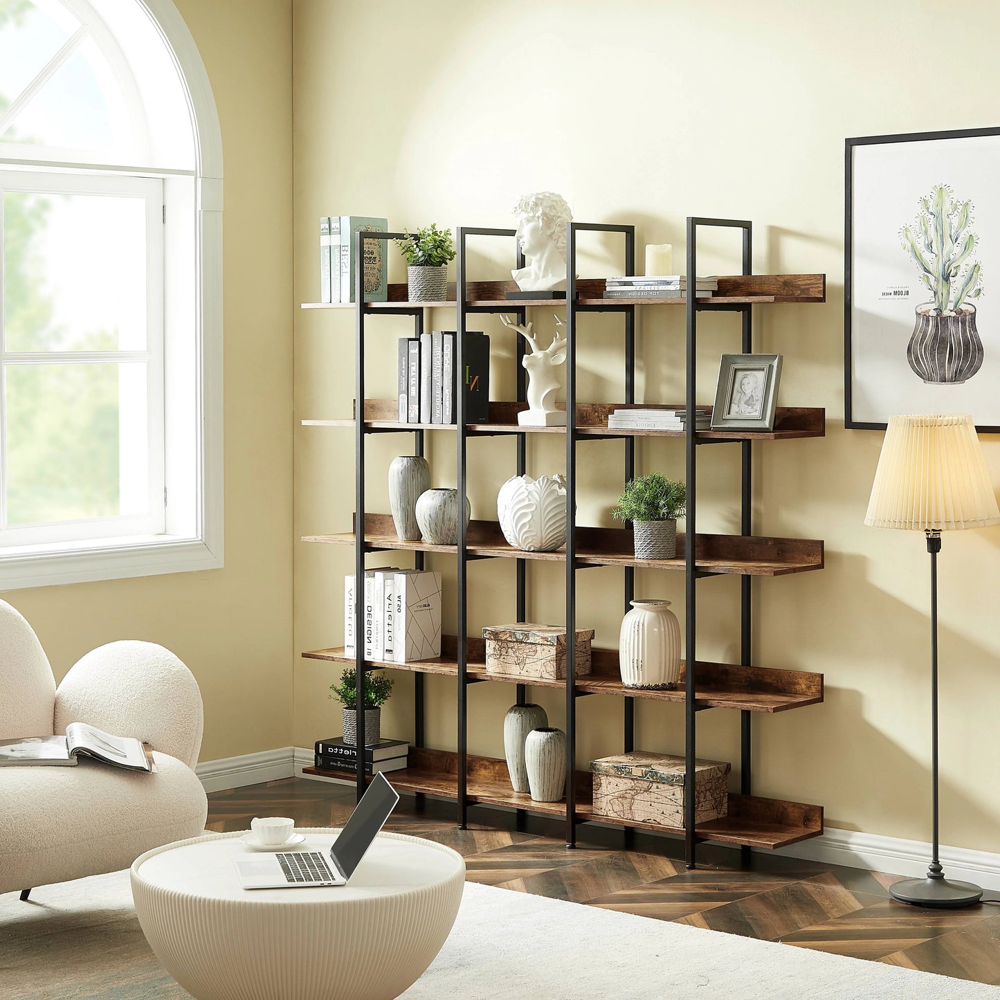 Bellemave 5 Tier Large Open Bookshelf, Home Office Display Shelves with Metal Frame, Vintage Industrial Bookcases with Back Fence, High-quality MDF Board (Brown)