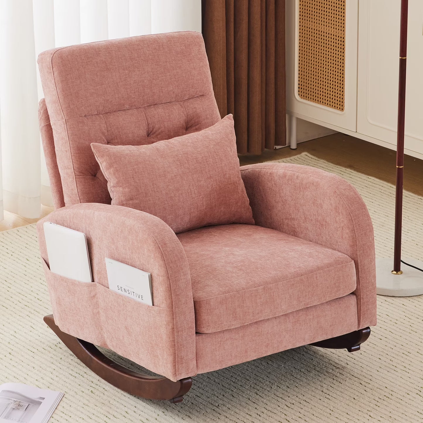 Ktaxon Rocking Accent Chair Glider Reading Chair Comfy Teddy Velvet Upholstered Single Sofa Rocker for Living Room, Nursery, Bedroom Beige