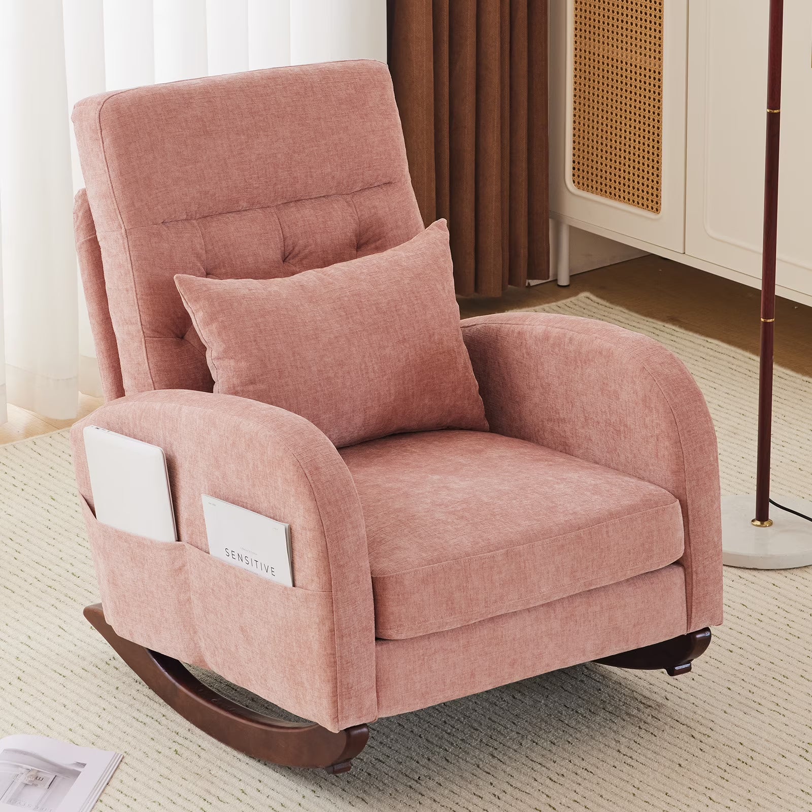 Ktaxon Rocking Accent Chair Glider Reading Chair Comfy Teddy Velvet Upholstered Single Sofa Rocker for Living Room, Nursery, Bedroom Beige
