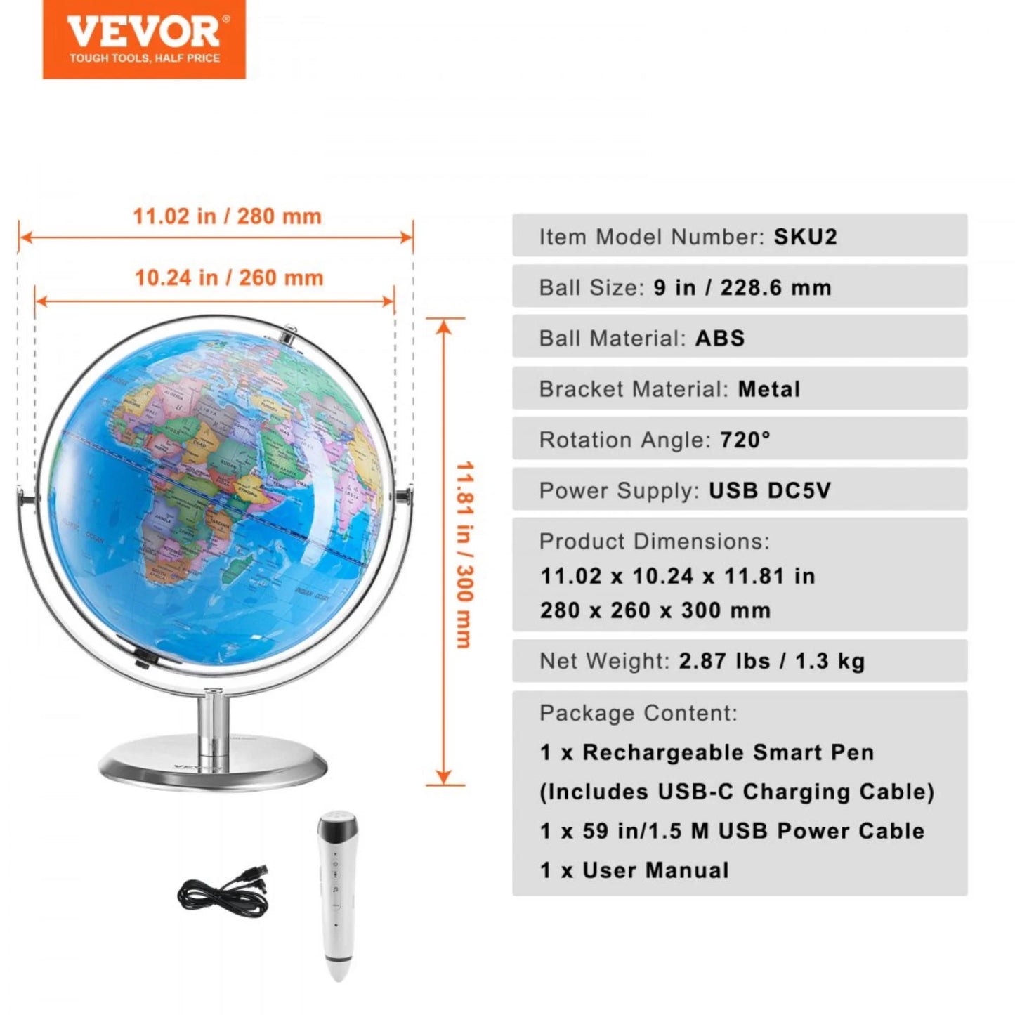 Interactive 9 Talking World Globe for Kids with Smart Talking Pen, Educational Learning Toy with LED Night Light, Perfect Gift for Boys & Girls
