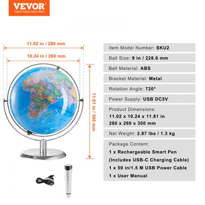 Interactive 9 Talking World Globe for Kids with Smart Talking Pen, Educational Learning Toy with LED Night Light, Perfect Gift for Boys & Girls