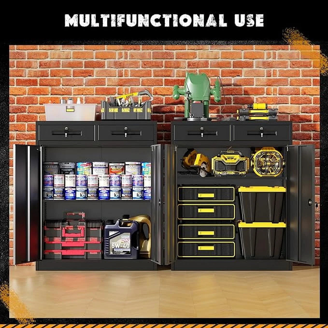 SOLAURA Metal Storage Cabinet with 2 Drawers,36" Black Metal Cabinets with Locking Doors and Adjustable Shelves for Home Office, Garage, Apartment