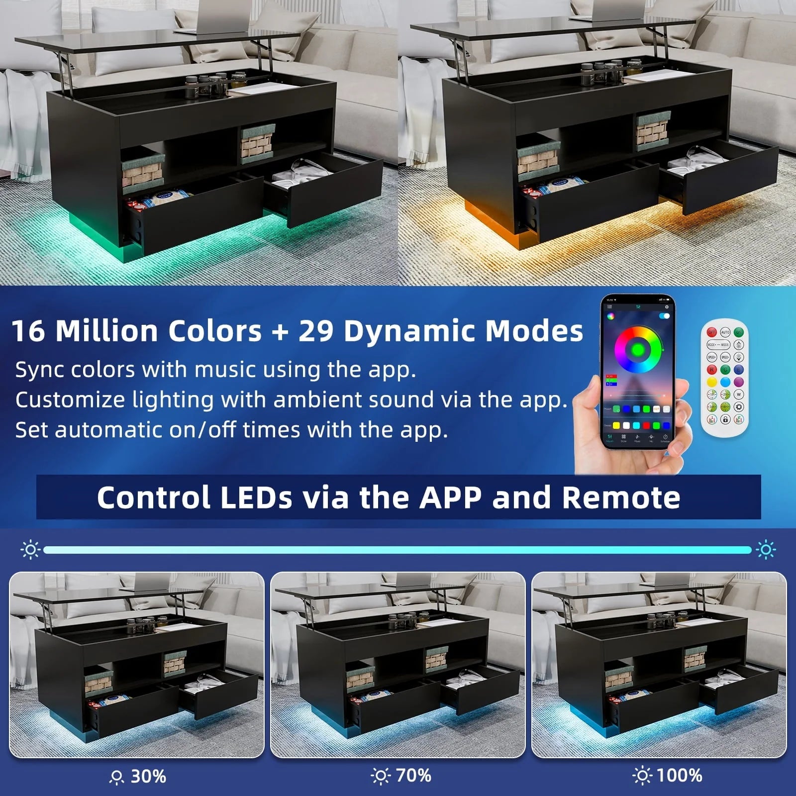Hommpa Lift Top Coffee Table with 2 Drawers High Gloss Rectangle Black Coffee Table with LED Lights and Hidden Storage for Living Room Home Office Center Cocktail Tables 25.19" Height