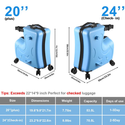 Unisex Ride-On Luggage, 20 Inch Portable Kids Travel Suitcase with Password Lock and Durable Wheels for Summer Camps and Sleepovers (Blue)