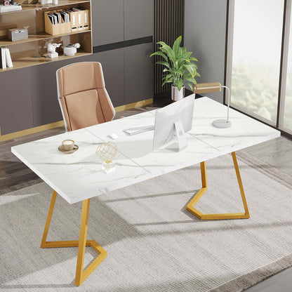 Finmind Modern Home Office Desk, Adult Study Writing Table with Metal Legs, White & Gold, 55.11" L x 31.49" D x 29.52" H