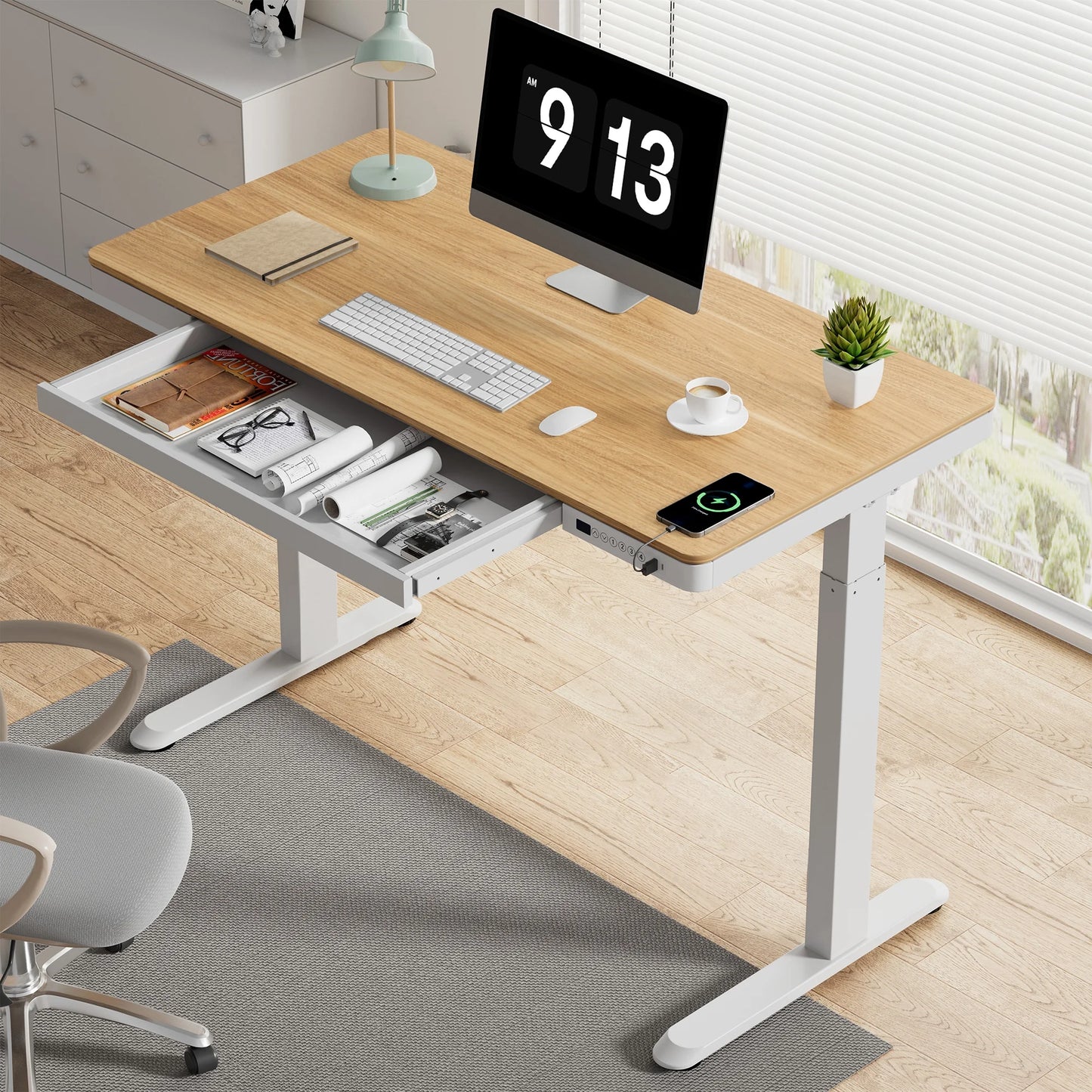 FLEXISPOT 48" W Home Office Height Adjustable Standing Desk White and Maple with USB Charge Ports and Embedded Drawer