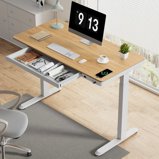 FLEXISPOT 48" W Home Office Height Adjustable Standing Desk White and Maple with USB Charge Ports and Embedded Drawer