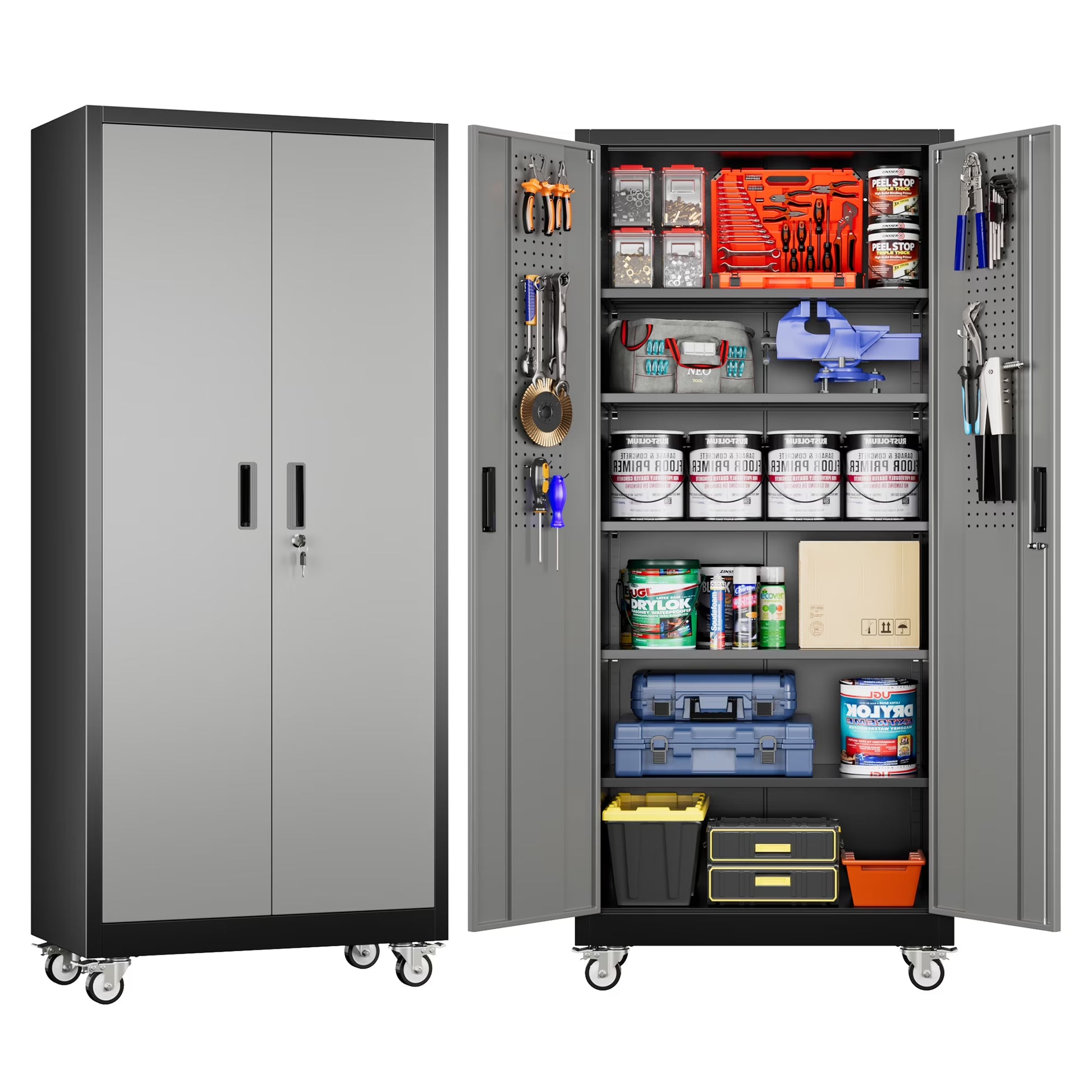 JAORD 71 In Metal Storage Cabinets with Locking Doors and Adjustable Shelves for Home Office, Garage and Utility Room (2 clasp hand, Black)