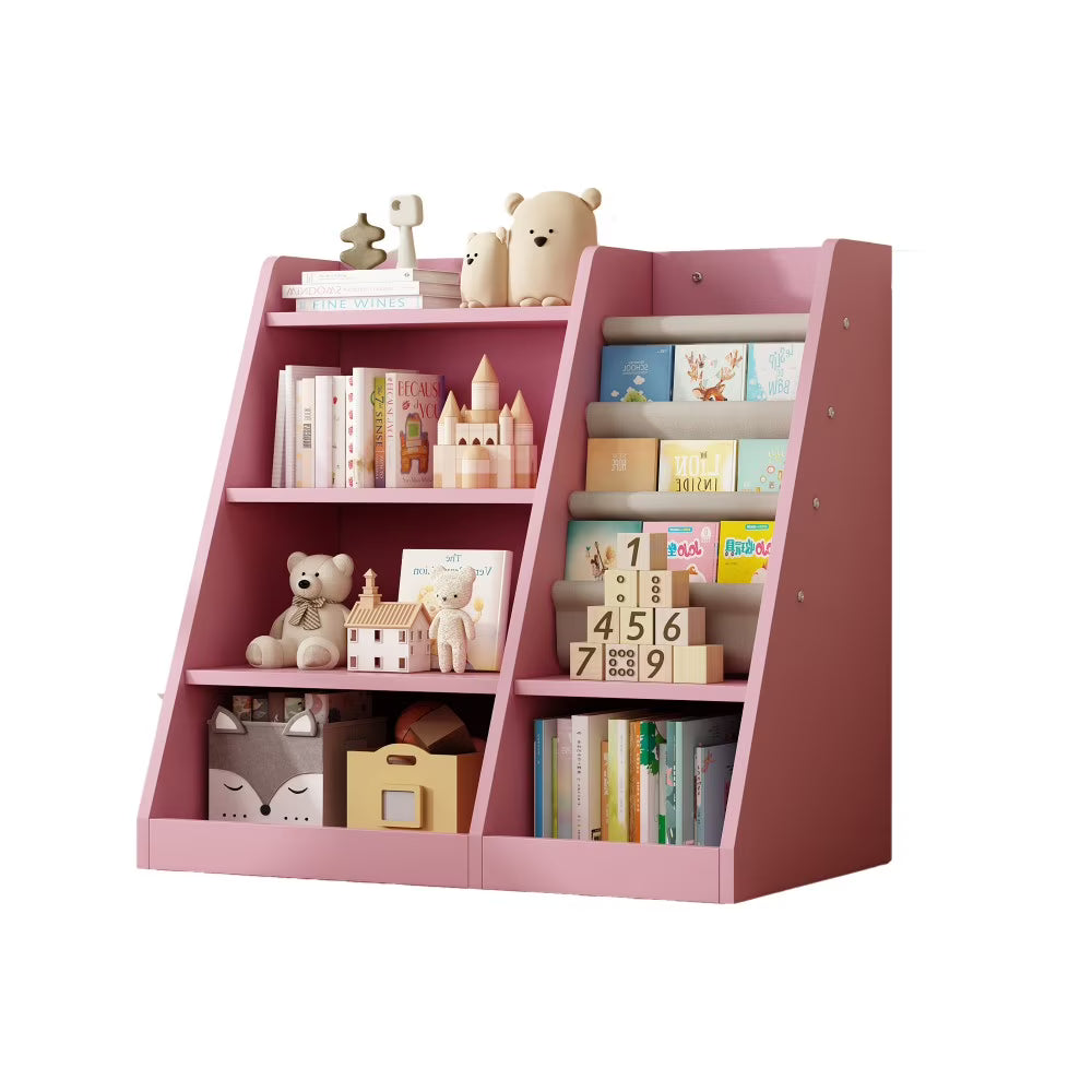 IVV Montessori Kid Bookshelf, Modern Wood Bookcase 4 Tier Children Book Rack Display Toy Storage Organizer Sling Book Rack for Classroom Bedroom Nursery Playroom (Pink)