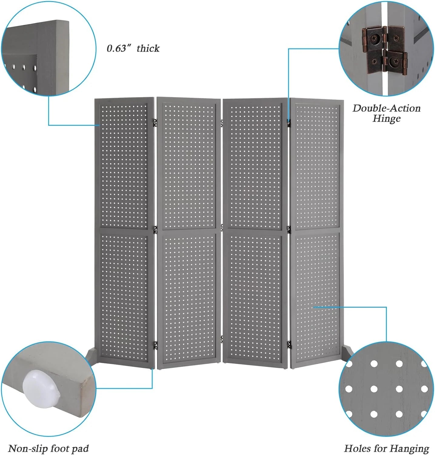 Bonnlo 4 Panel Pegboard Freestanding, 5 FT Portable Display for Craft Show Jewelry, Wooden Folding Room Divider
