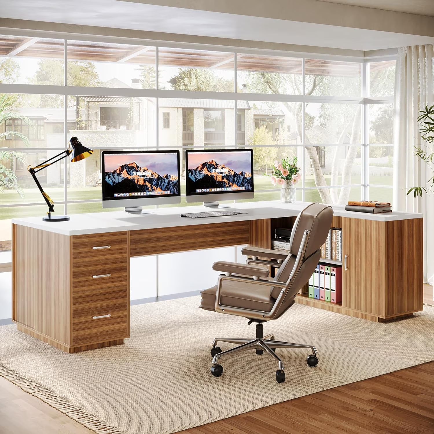 Tribesigns 85.8" L-Shaped Executive Desk, Extra Large Office Desk with File Drawers, Modern Business Furniture with Door Cabinet, Shelves for Home Office, White & Brown