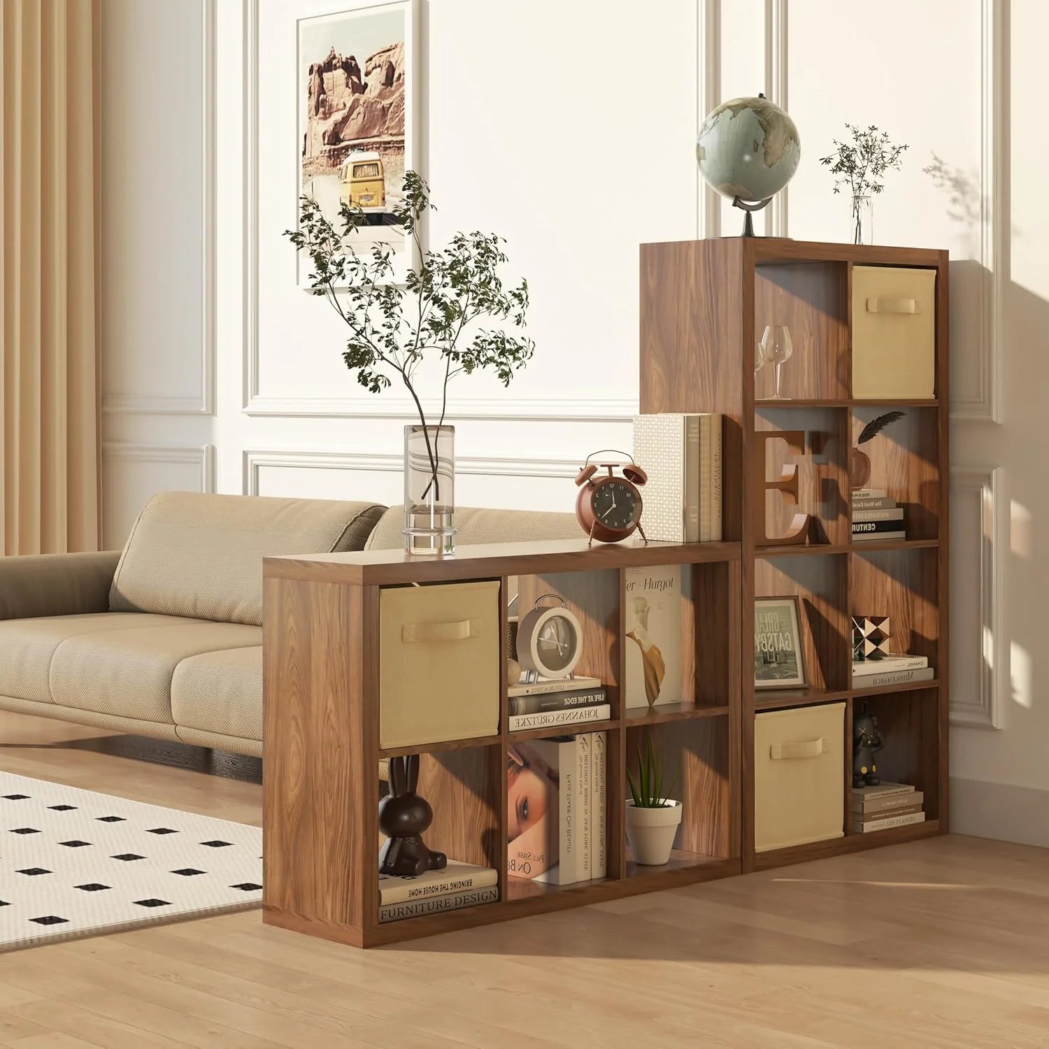 GHooa Bookshelf with Storage Bin, 4-Cube Storage Organizer, Modern Wood Open Bookcase, Multifunctional Display Shelf for Living Room, Bedroom, Home Office-4 Cube-Classic Oak