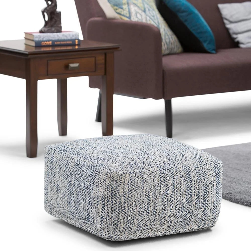 Simpli Home Nate 20 inch Wide Boho Square Pouf in Patterned Denim Mlange Cotton