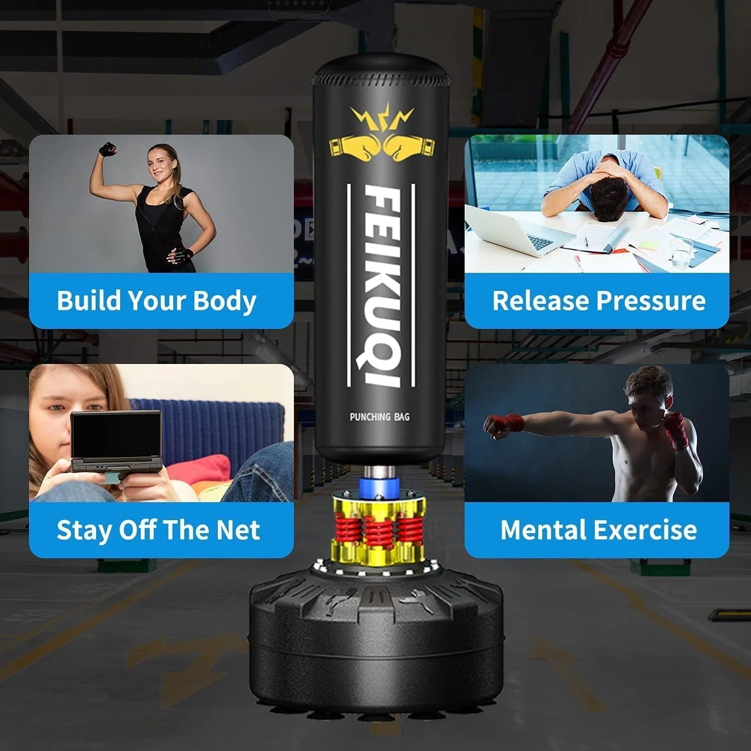 Punching Bag with Stand Adult 70", 205lbs Boxing Bag, Shock Absorber, Suction Cup Base, Punching Bag Stand for Adult, Standing Kickboxing Bag for Home Office Gym, without Boxing Glove