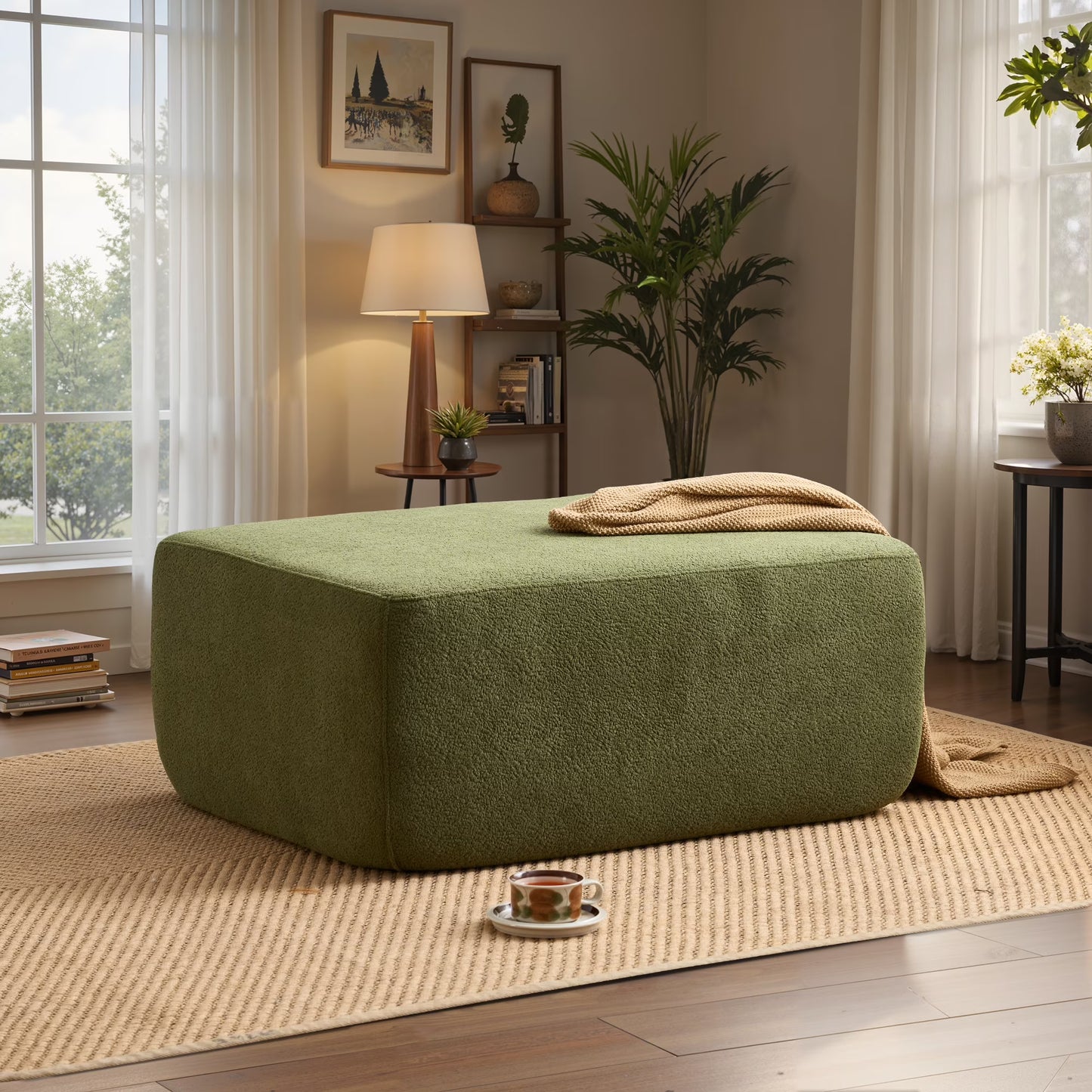 Ovios Oversized Ottoman Footrest for Sofa Large Plush Corduroy Pouf Ottoman Coffee Table Rectangle Floor Bench Extra Seating for Living Room, No Assembly, Beige