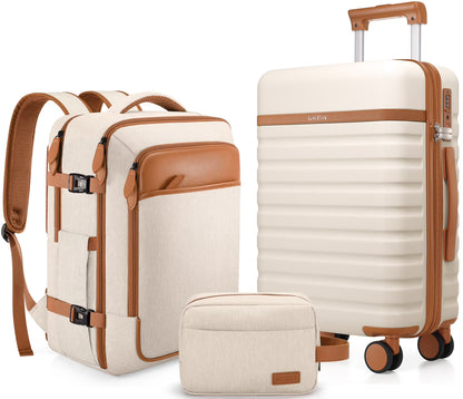 UKEIN Luggage Sets 3 Piece, Carry On Luggage with Wheels, 20 Inch Hardshell Suitcase with TSA Lock, 100% PC Carry On Suitcases Airline Approved With Travel Backpack for Men Women