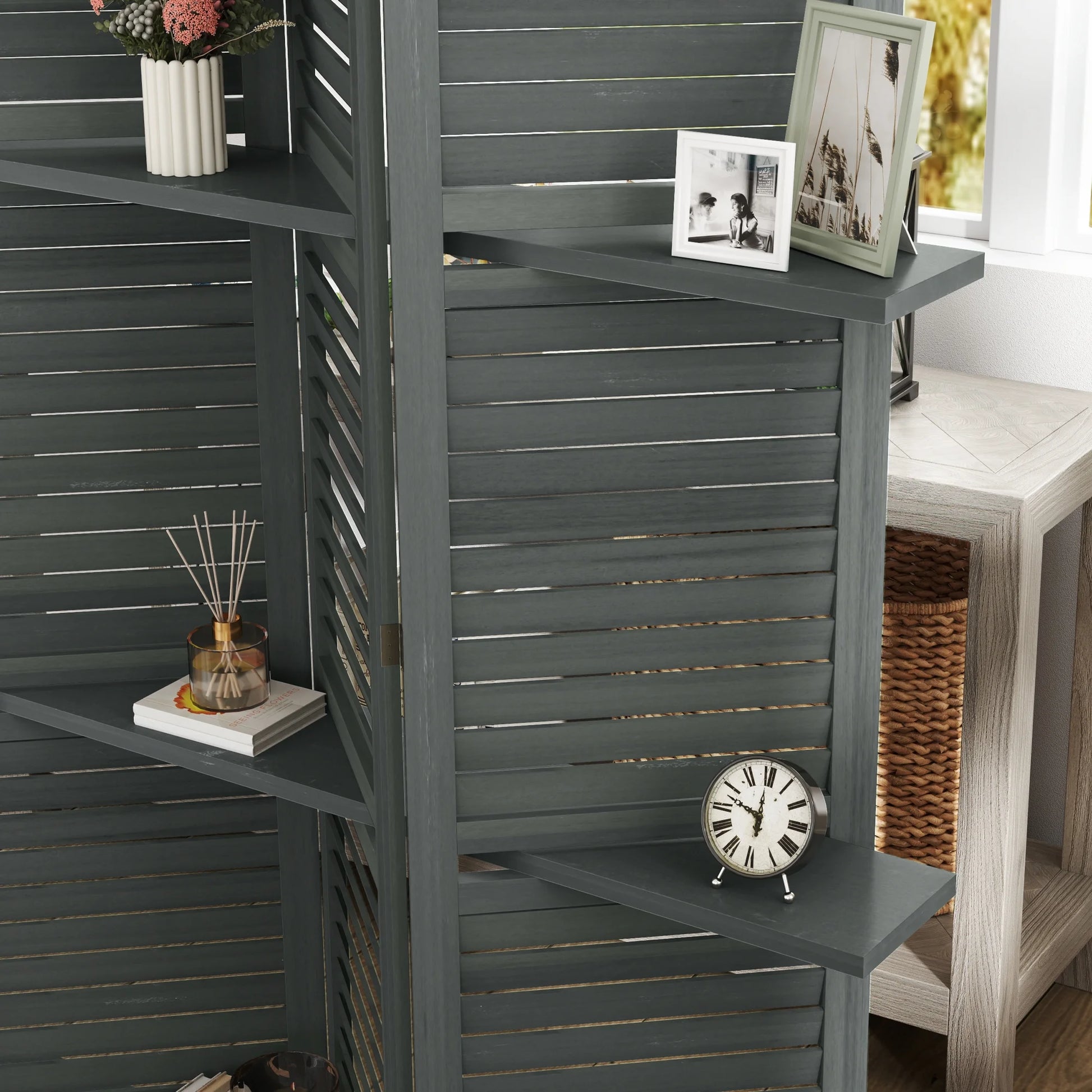 HOMCOM 5 Panel 67" Tall Wood Privacy Screen Room Divider with 3 Display Shelves, and Folding Storage for Bedroom or Home Office, Gray