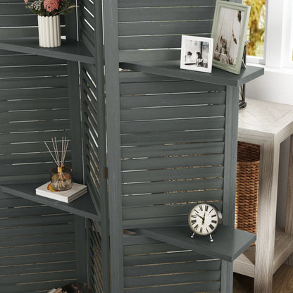 HOMCOM 5 Panel 67" Tall Wood Privacy Screen Room Divider with 3 Display Shelves, and Folding Storage for Bedroom or Home Office, Gray