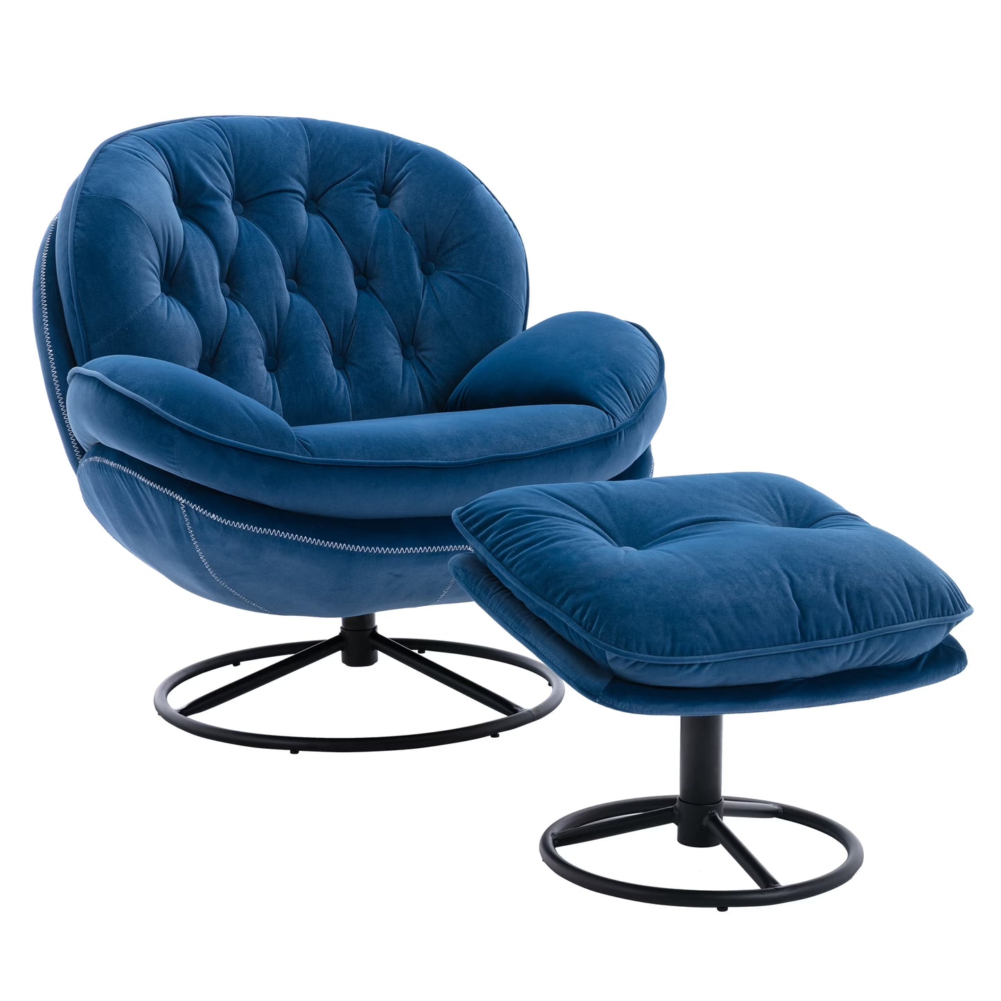 Swivel Accent Chair with Ottoman, Velvet Accent chair with Footrest, Mid-Century Modern Lounge Chair and Ottoman Set, Reading Chair for Living Room, Bedroom, Reading Room, Home Office, Blue