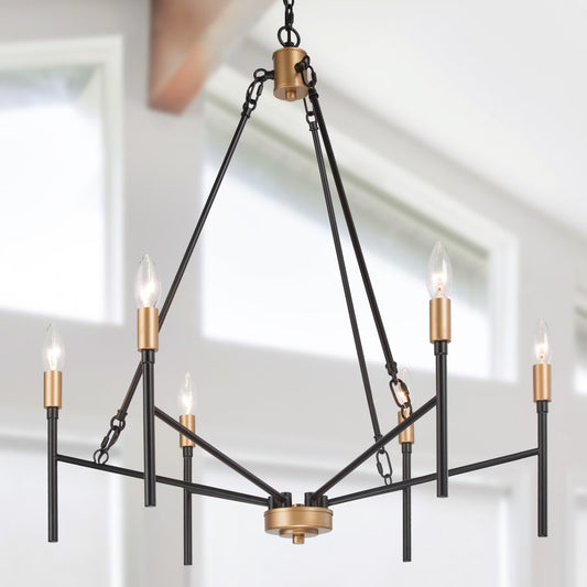 Alestair Modern Transitional Classic Candle Chandelier Black Gold Metal Farmhouse Pendant for Foyer Black& Brass D27" x H30" Adjustable,25 to 36 Inches