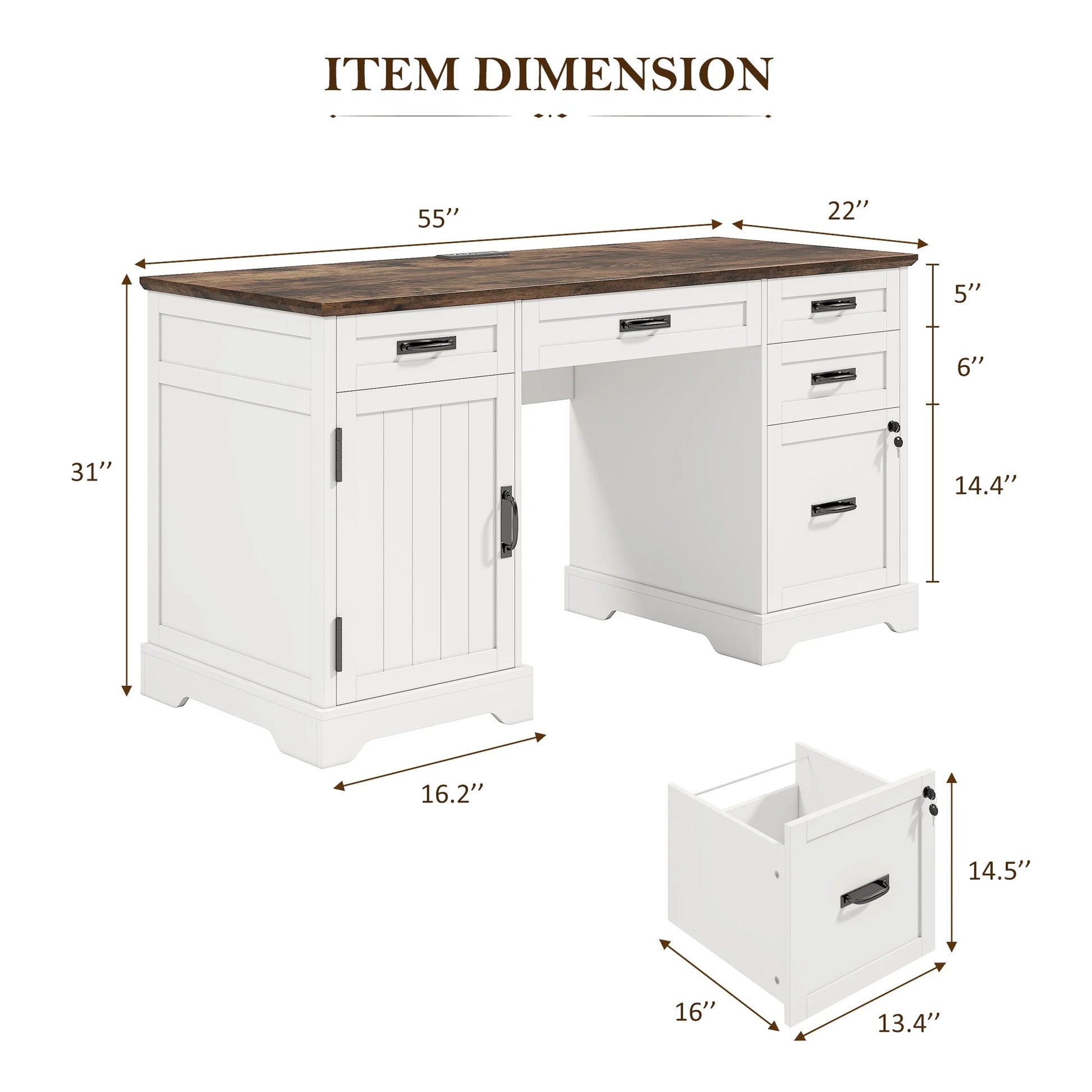Whalefall 55 in Farmhouse Executive Desk with File Drawer for Adult Home Office, White