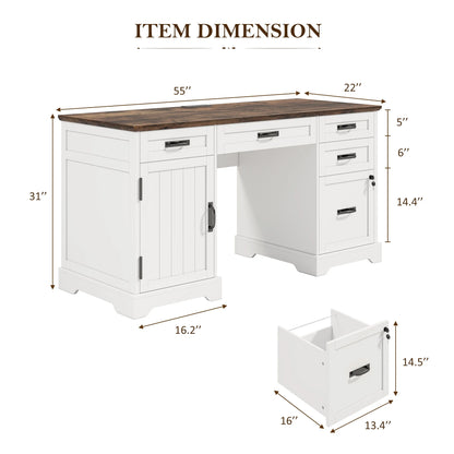 Whalefall 55 in Farmhouse Executive Desk with File Drawer for Adult Home Office, White