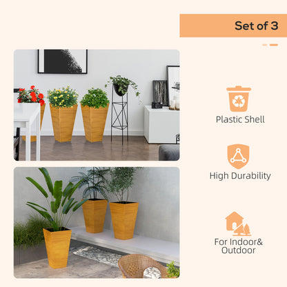 DUOSONG Outsunny 28" Tall Outdoor Planters, Set Of 3 Large Taper Planters With Drainage Holes And Plug, Faux Wood Plastic Flower Pots For Outdoor, Indoor, Garden, Patio, Tan Brown Polypropylene